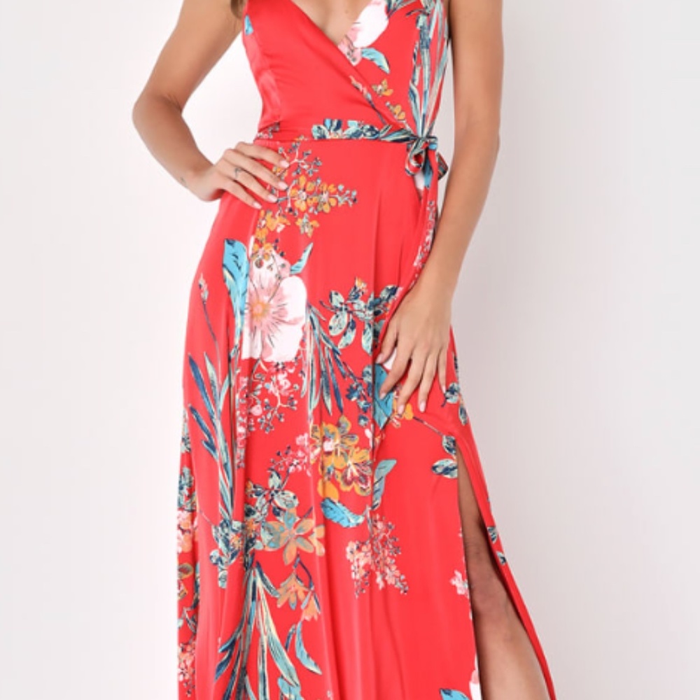 Lulus Still the One Red Floral Print Satin Maxi Dress